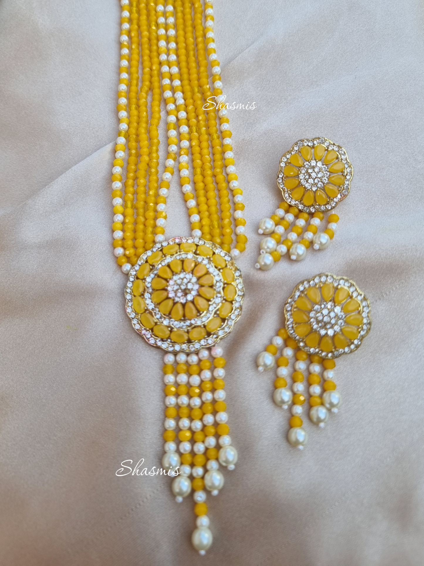 Yellow Stone American Diamond Long Necklace With Earrings