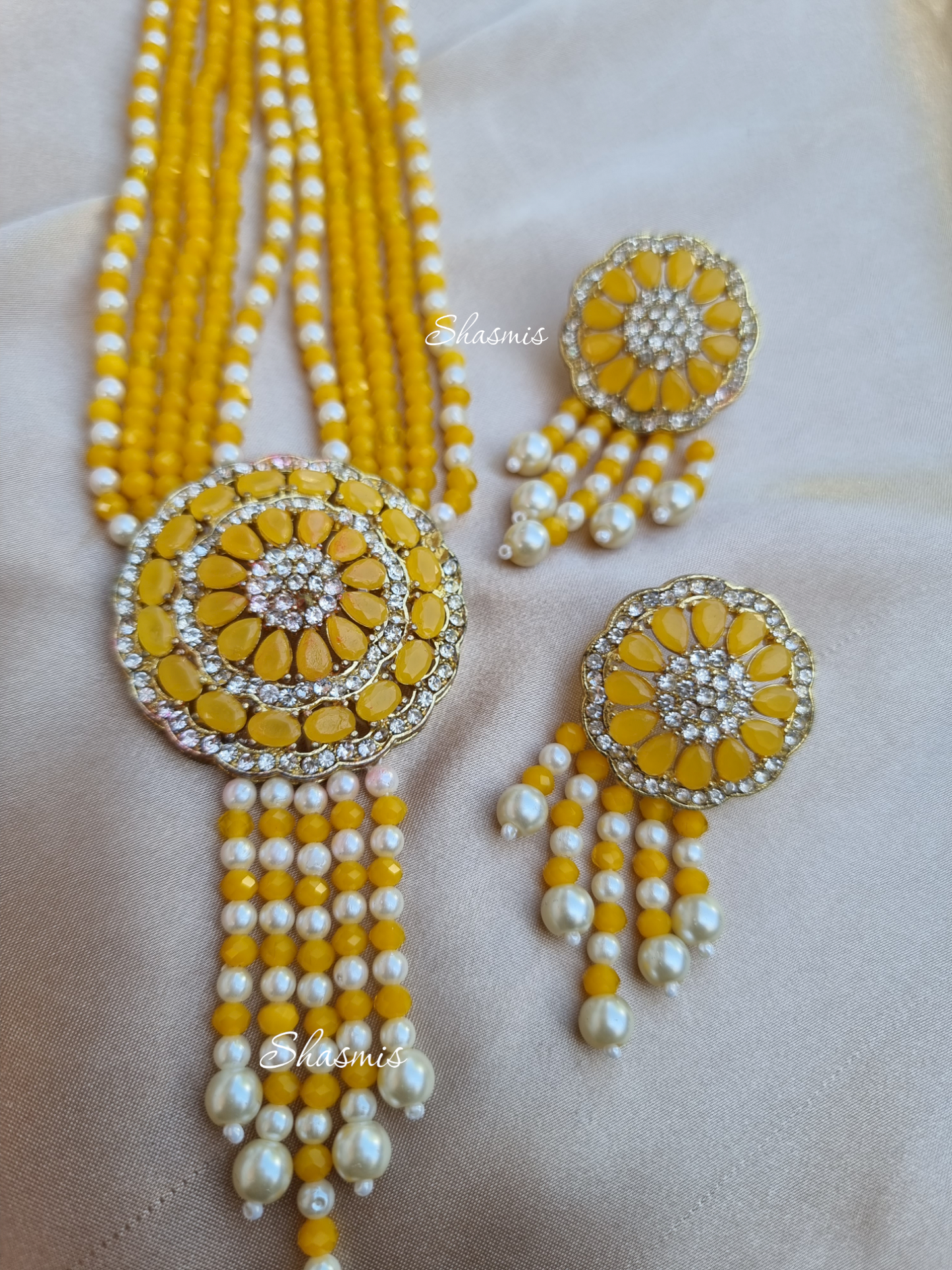 Yellow American Diamond Long Necklace With Earrings