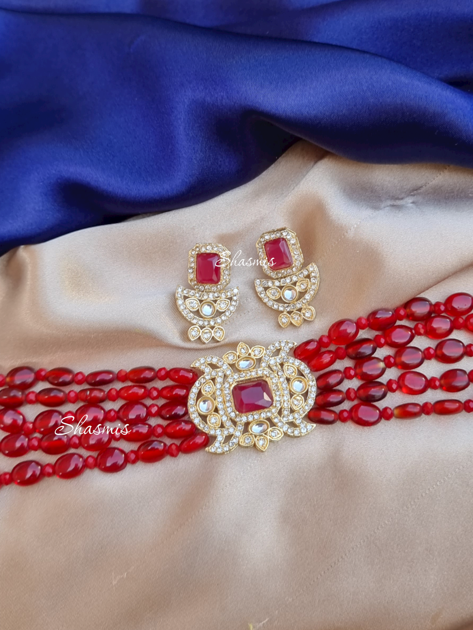 Red Beads With White Stones Necklace 