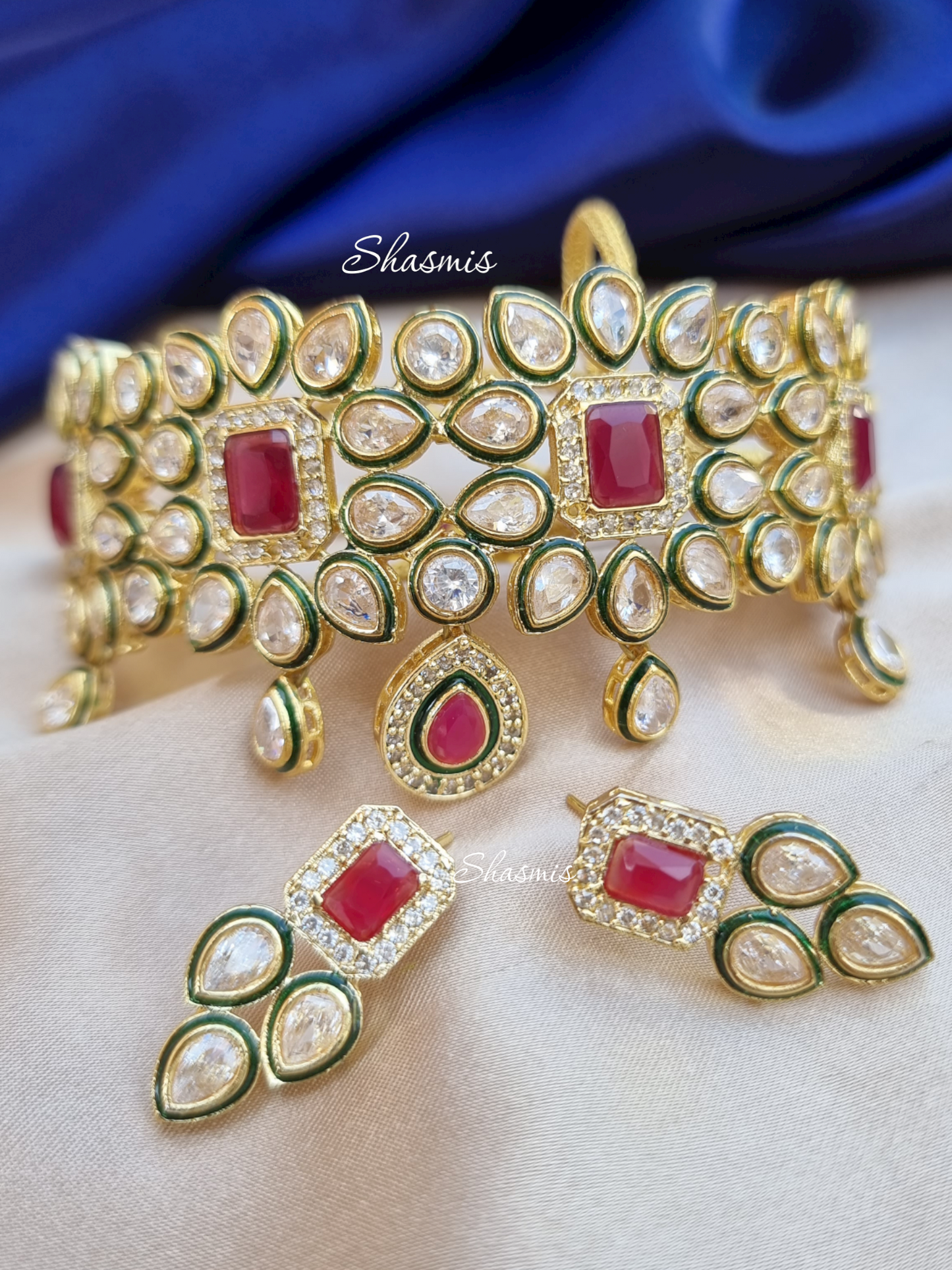 White Statement Polki Necklace And Earrings With Ruby Stones