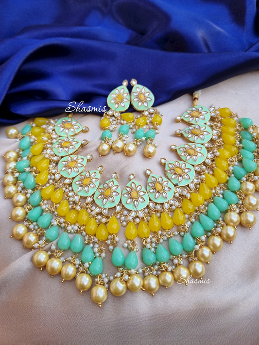 Mint Green Color Statement Necklace With Beads On Drop With Earrings