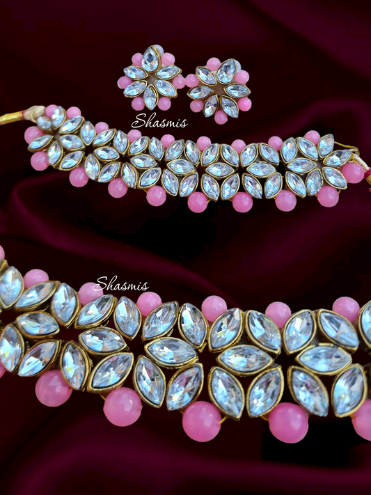 Pink Color Glass Kundan Necklace