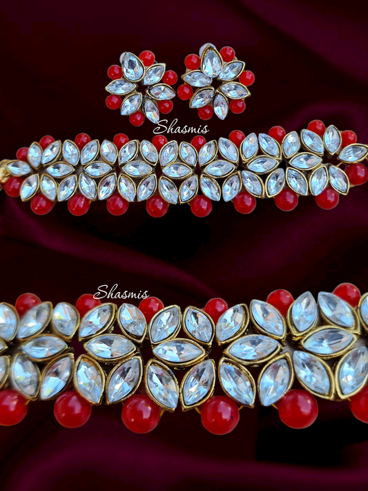 Red Pearls Glass Kundan Necklace With Earrings