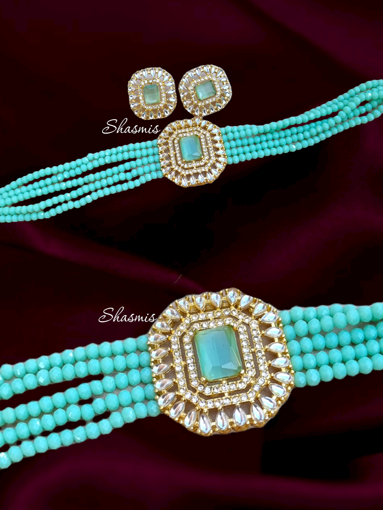 Mint Green Beads Wirh Centre Stone Necklace With Earrings