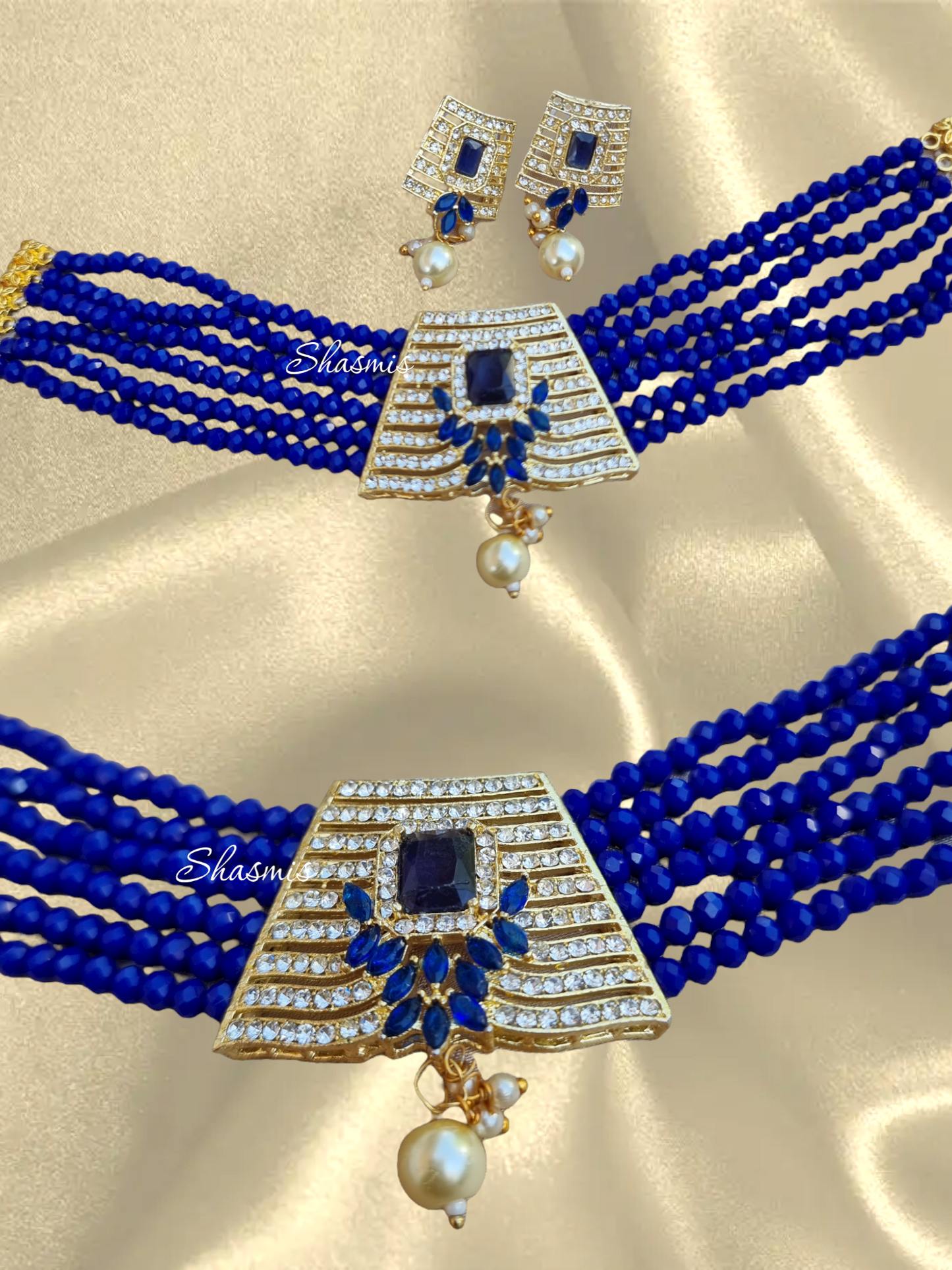 Blue Color Stones With Kundan Beads Necklace 