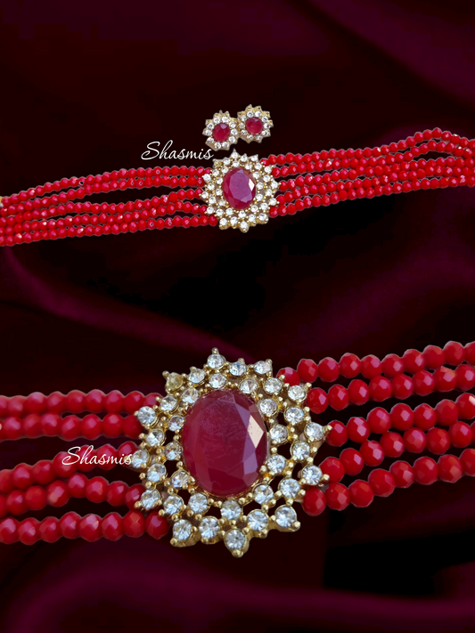 Red Ruby Kundan Beads American Diamond Choker With Earrings