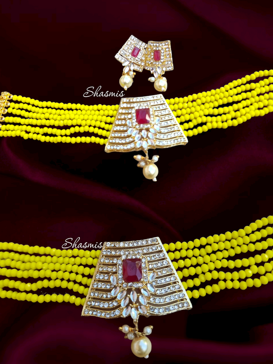 Victoria Design With Yellow Beads American Diamond Choker And Earrings