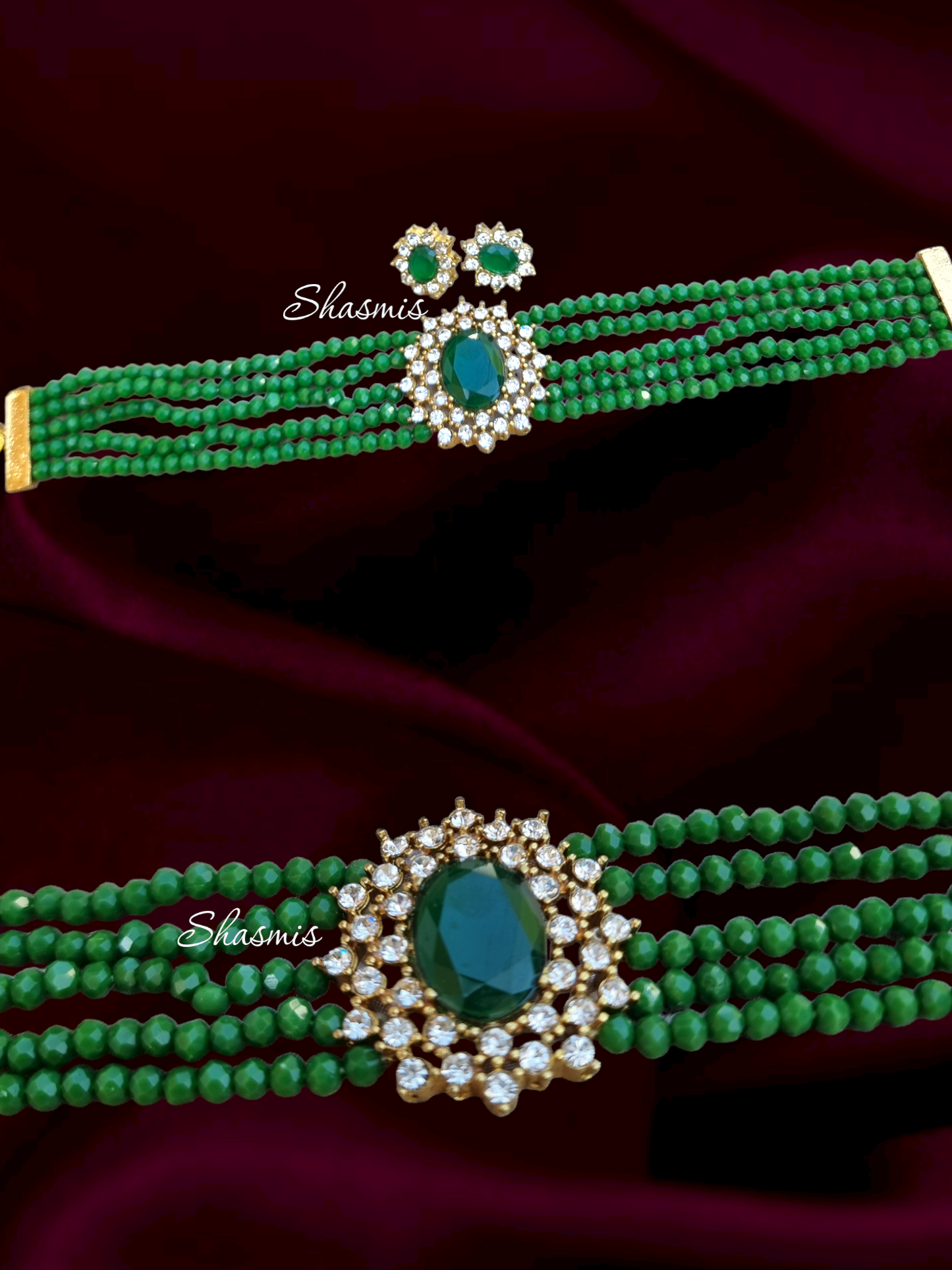 Green Beads With Green Centee Stone Necklace 