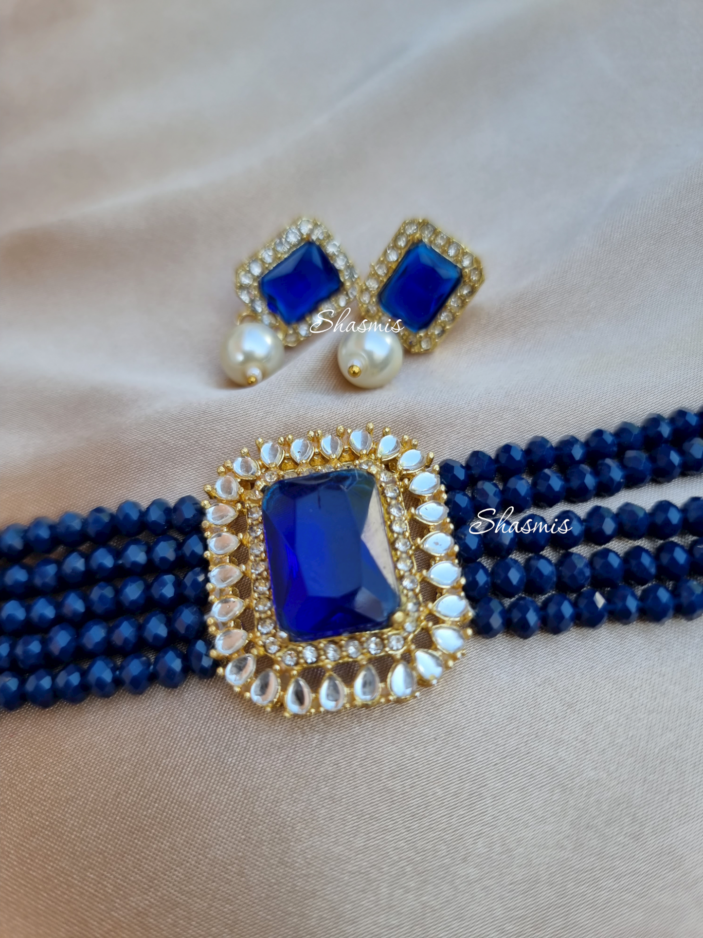 Blue Color Beads Rhein stone American Diamond Necklace With Earrings