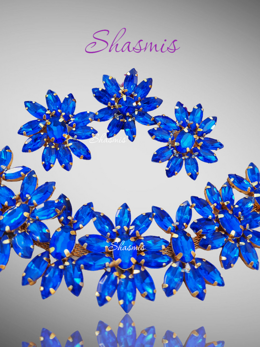 Blue Color Flower Design Prerto Necklace With Earrings And Ring