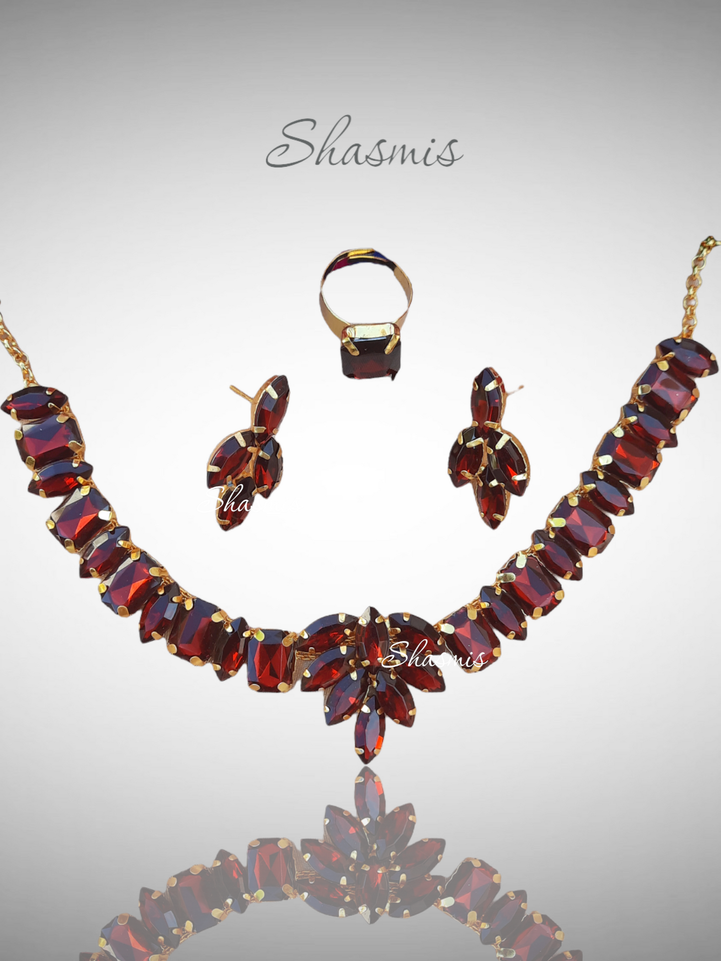 Maroon Color Rheinstone Prerto Necklace With Earrings and Ring