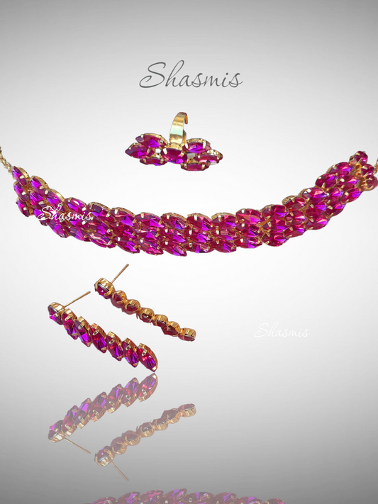 Pink Color Statement Prerto Necklace With Earrings and Ring