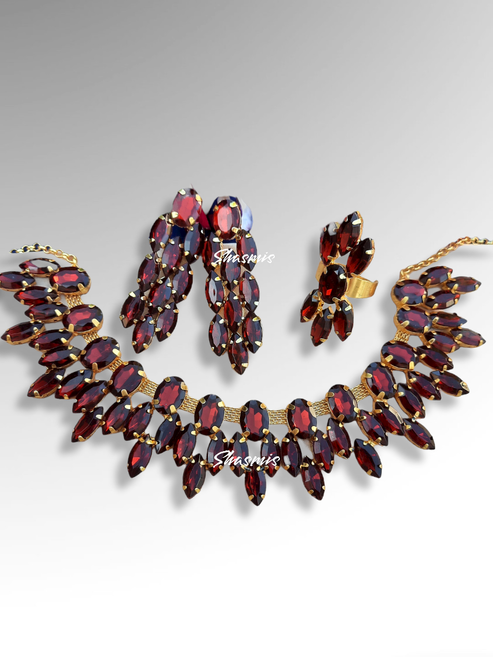 Maroon Color Stone Prerto Necklace, Ring And Earrings
