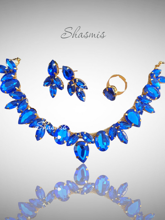 Blue Color Almond Design Prerto Necklace With Earring and Ring