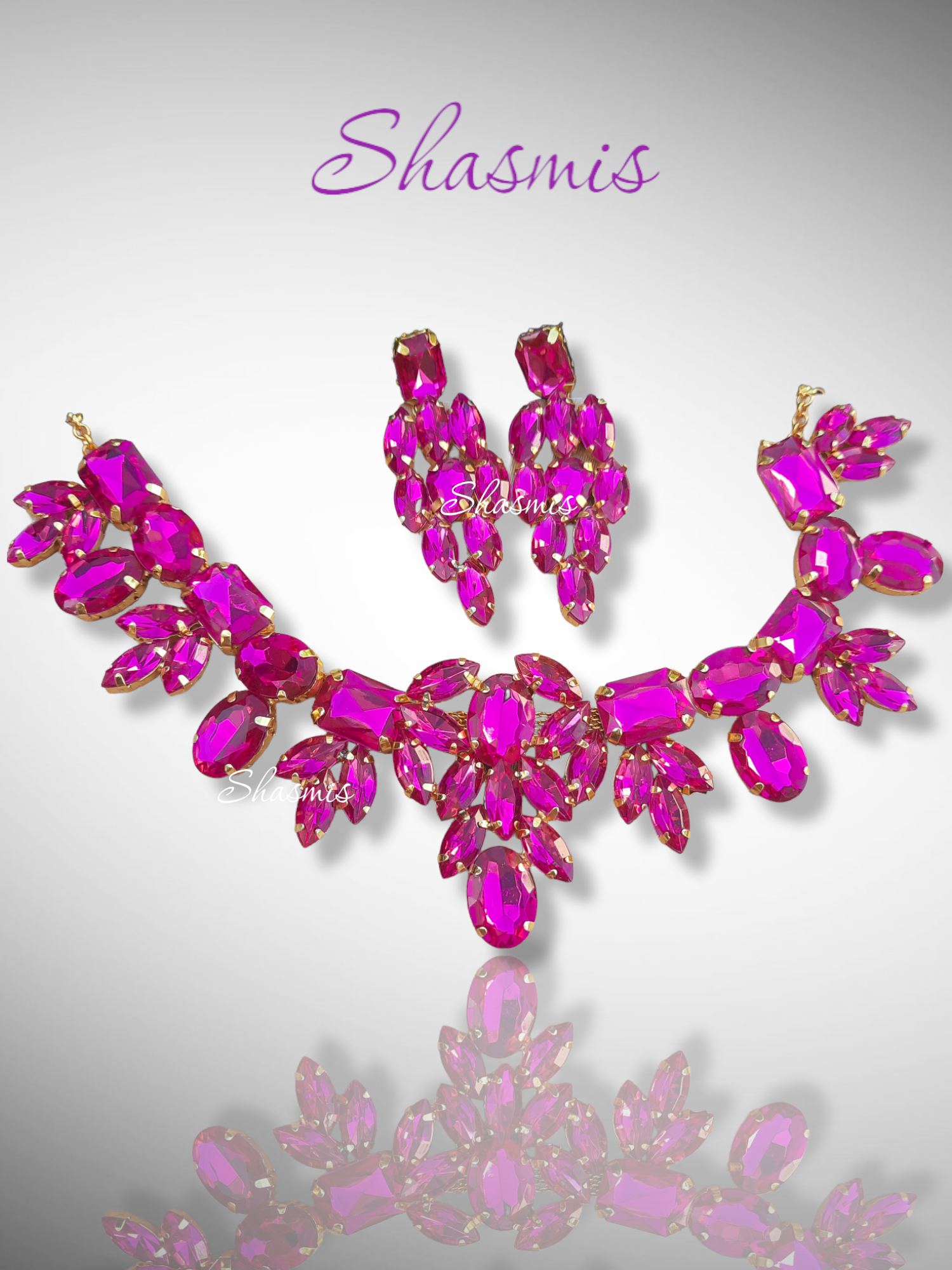 Flower Design Pink Color Prerto Necklace Set With Earrings and Ring