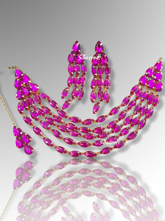 Pink Color Layer Prerto Necklace Set With Earrings, Mangtika And Ring