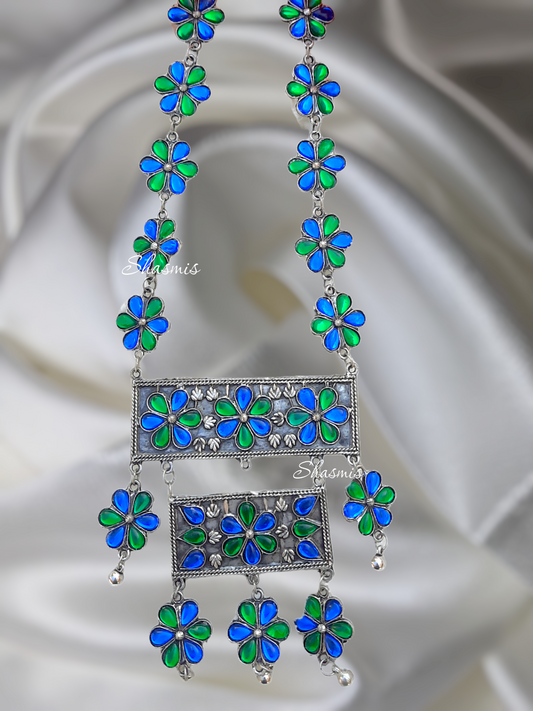 Blue And Green Stones Silver Oxidised Long Necklace