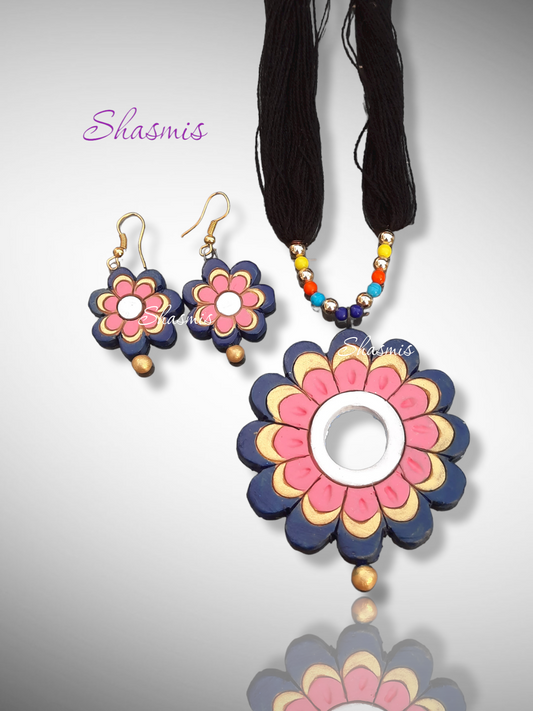 Blue and Pink Terrecotta Design Necklace With Earrings 