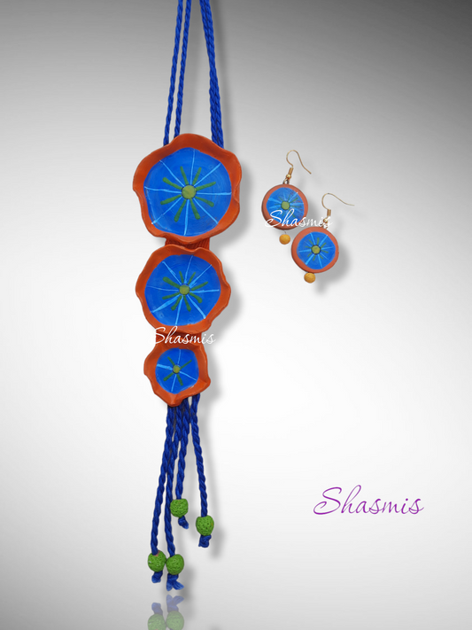 Blue and Orange Combination Terrecotta Necklace With Earrings