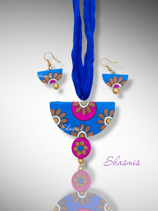 Rama Blue and Pink With Flower Design Terracotta Necklace and Earrings