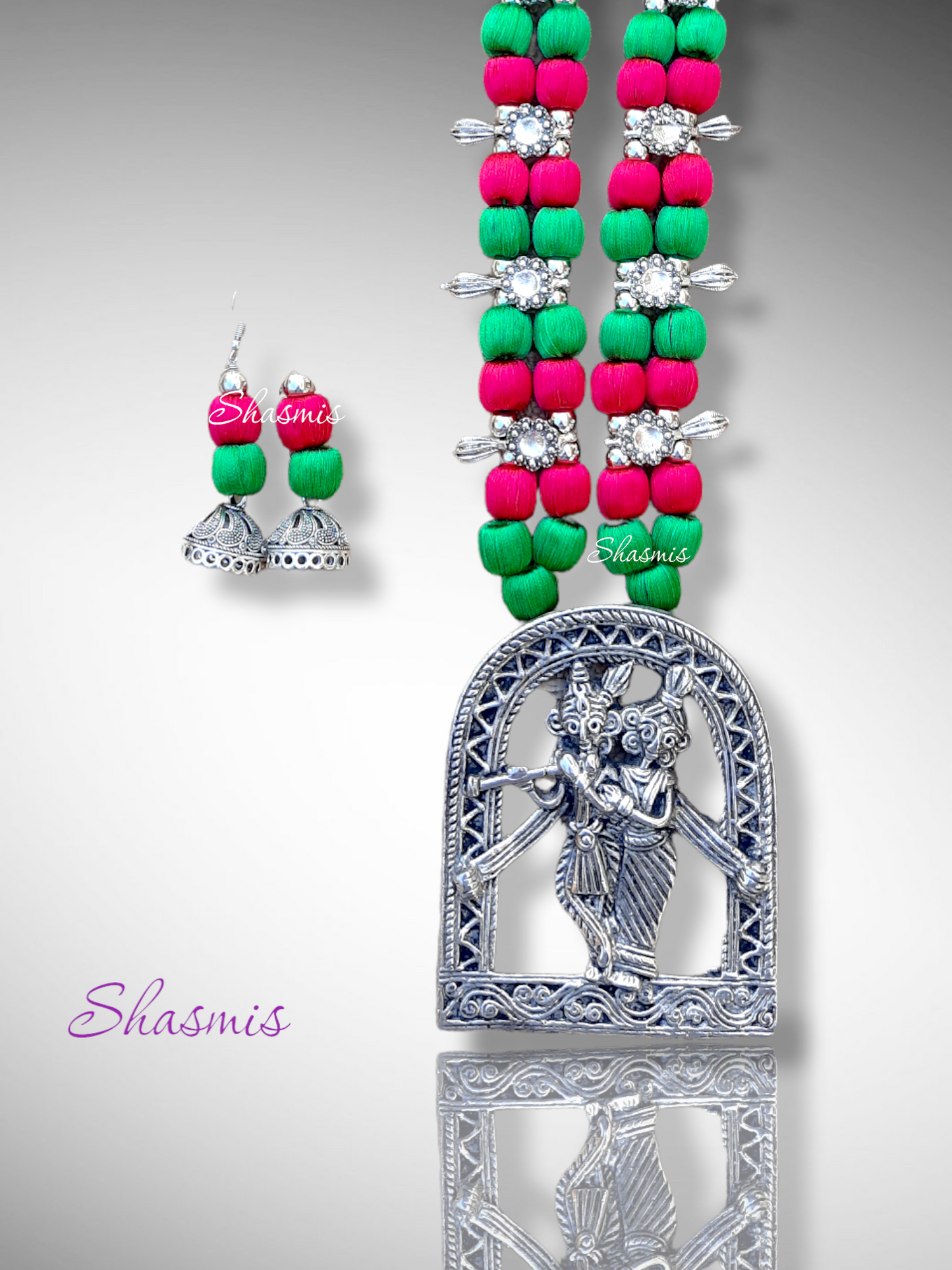 Green and Pink Color Silver Idiol Long Dokra Necklace 