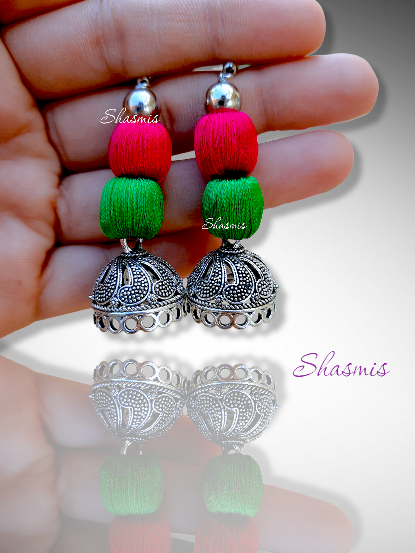 Green and Pink Color Silver Idol Long Dokhra Necklace With Earrings