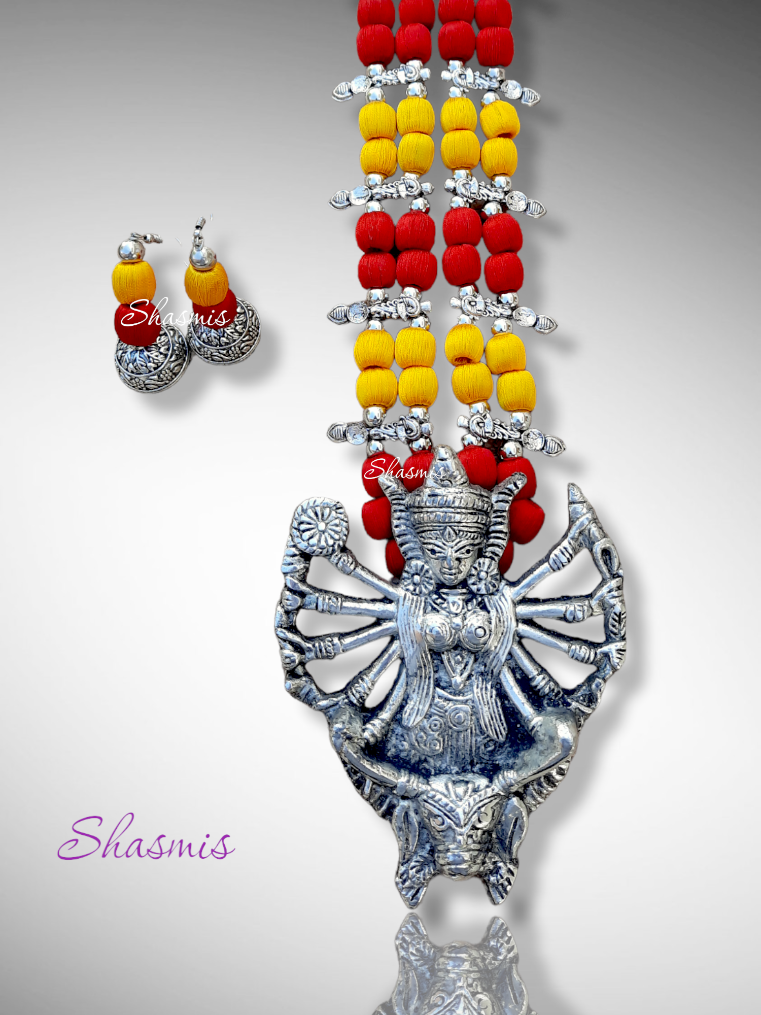 Yellow and Red Long Silver Oxidised Necklace With Ma Durga Art Jewellery