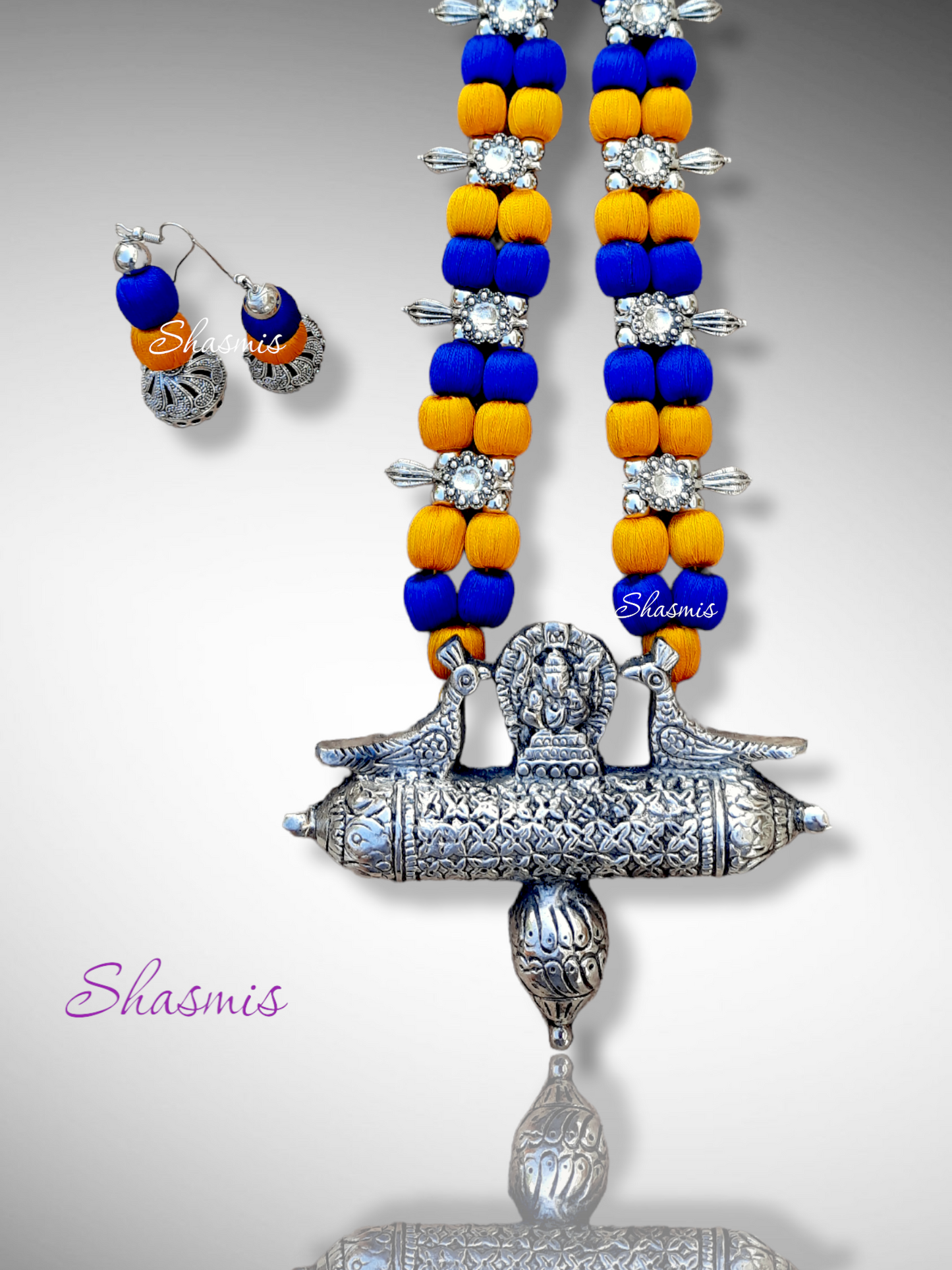 Yellow and Blue Long Silver Oxidised Ganpati Pendeny Art Jewellery