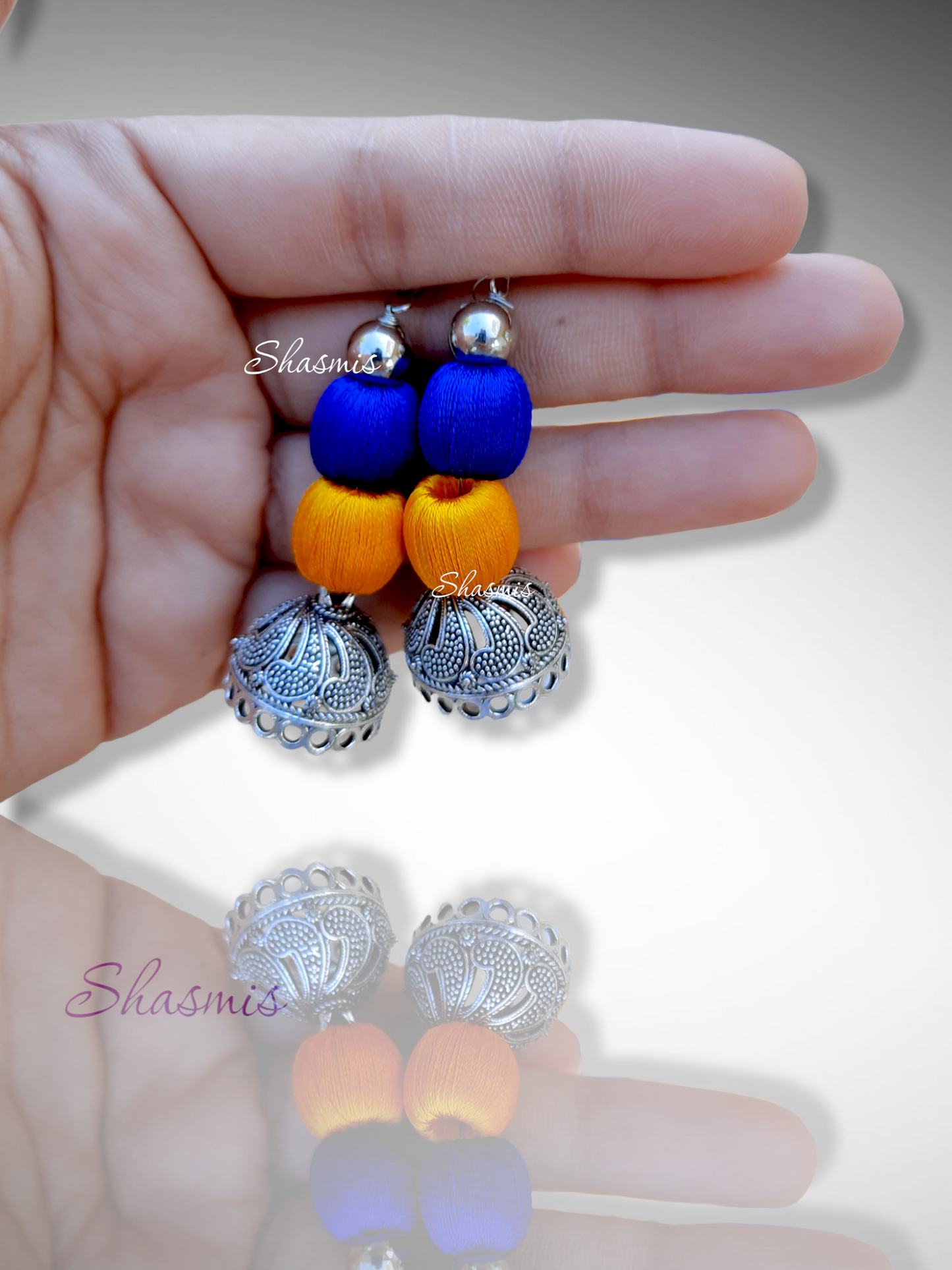 Yellow and Blue Long Silver Oxidised Ganpati Pendant Dokhra Jewellery Necklace With Earrings