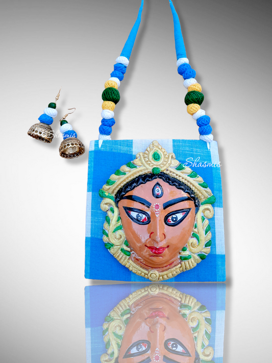 Rama Blue Color Fabric With Durga Puja Art Jewellery 