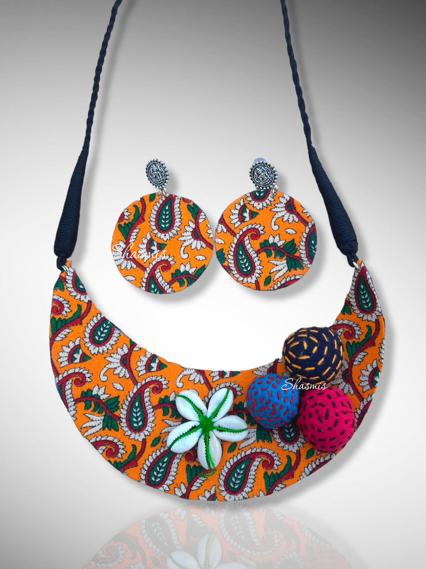 Fabric Necklace With Kaudi Work and Earrings