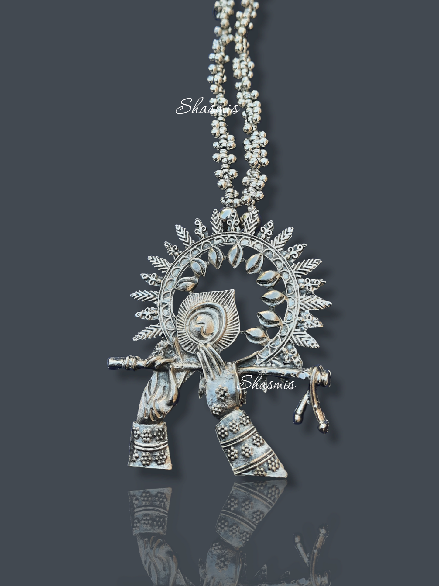 Krishna hands With Basuri And Peacock Design Oxidised Necklace