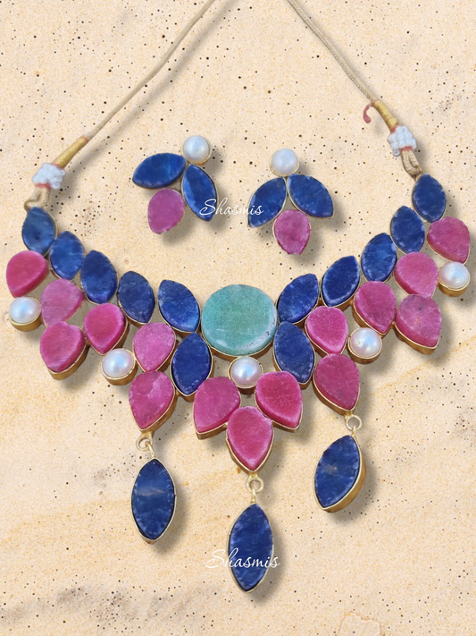 Pink and Blue Color Druzy Stones Necklace With Earrings