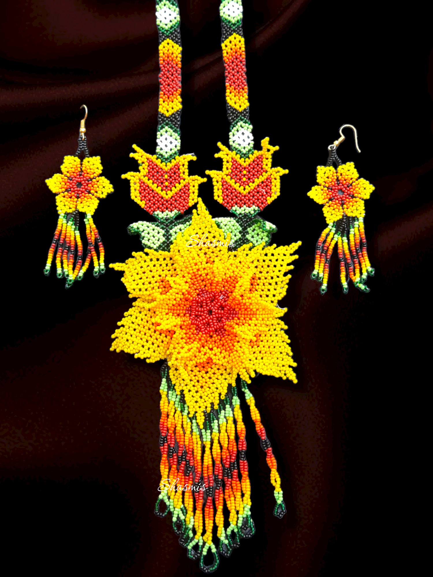 Sunflower Long Beads Necklace With Earrings 