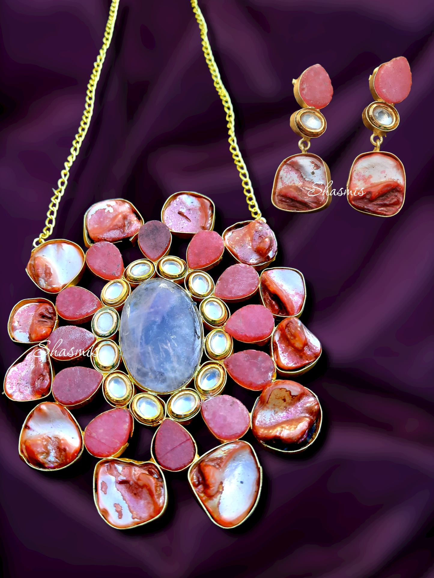 Pink Color Druzy Stone With Purple Color Wide Centre Stone Necklace