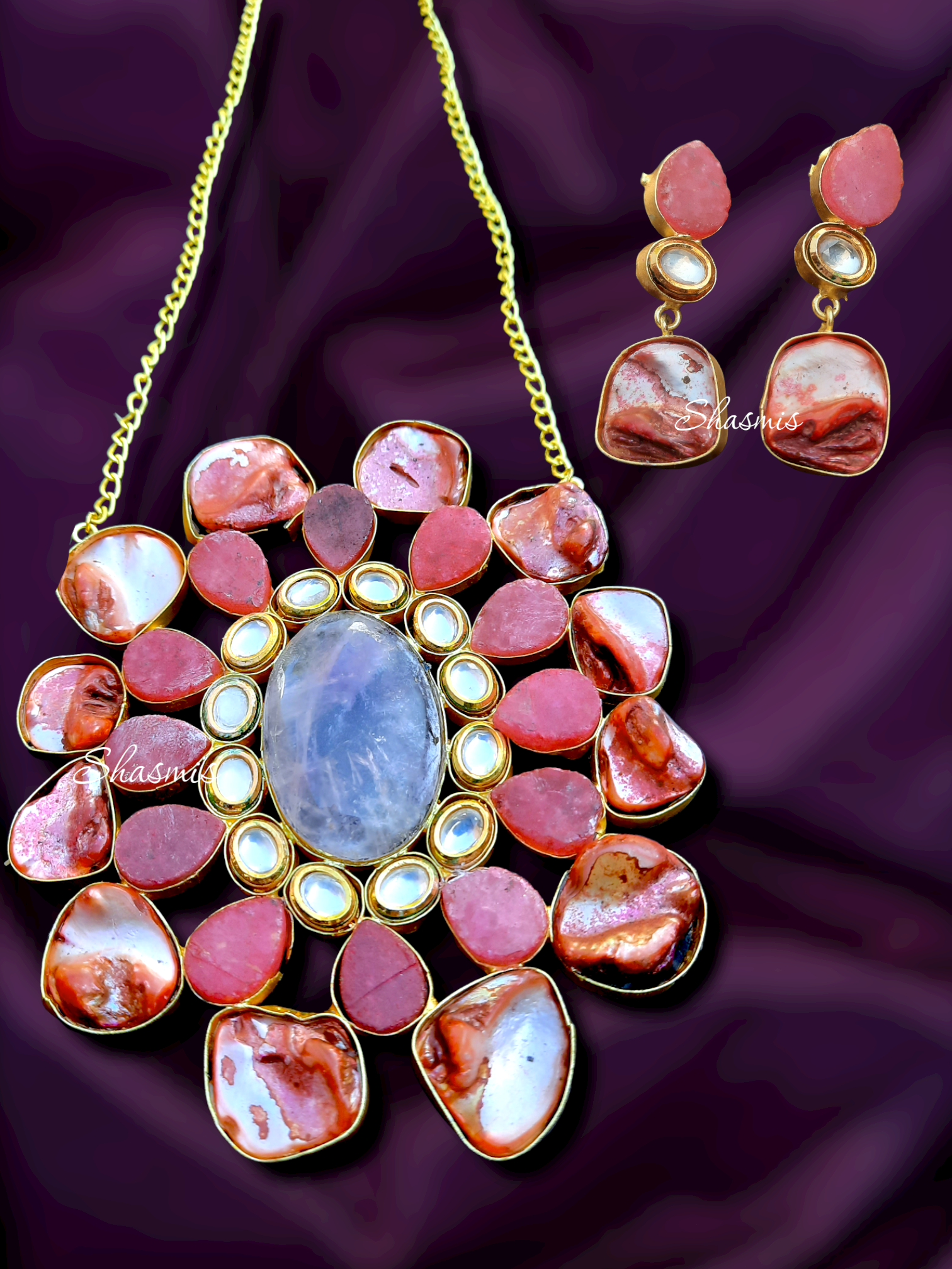 Pink Color Druzy Stone With Purple Color Wide Centre Stone Necklace