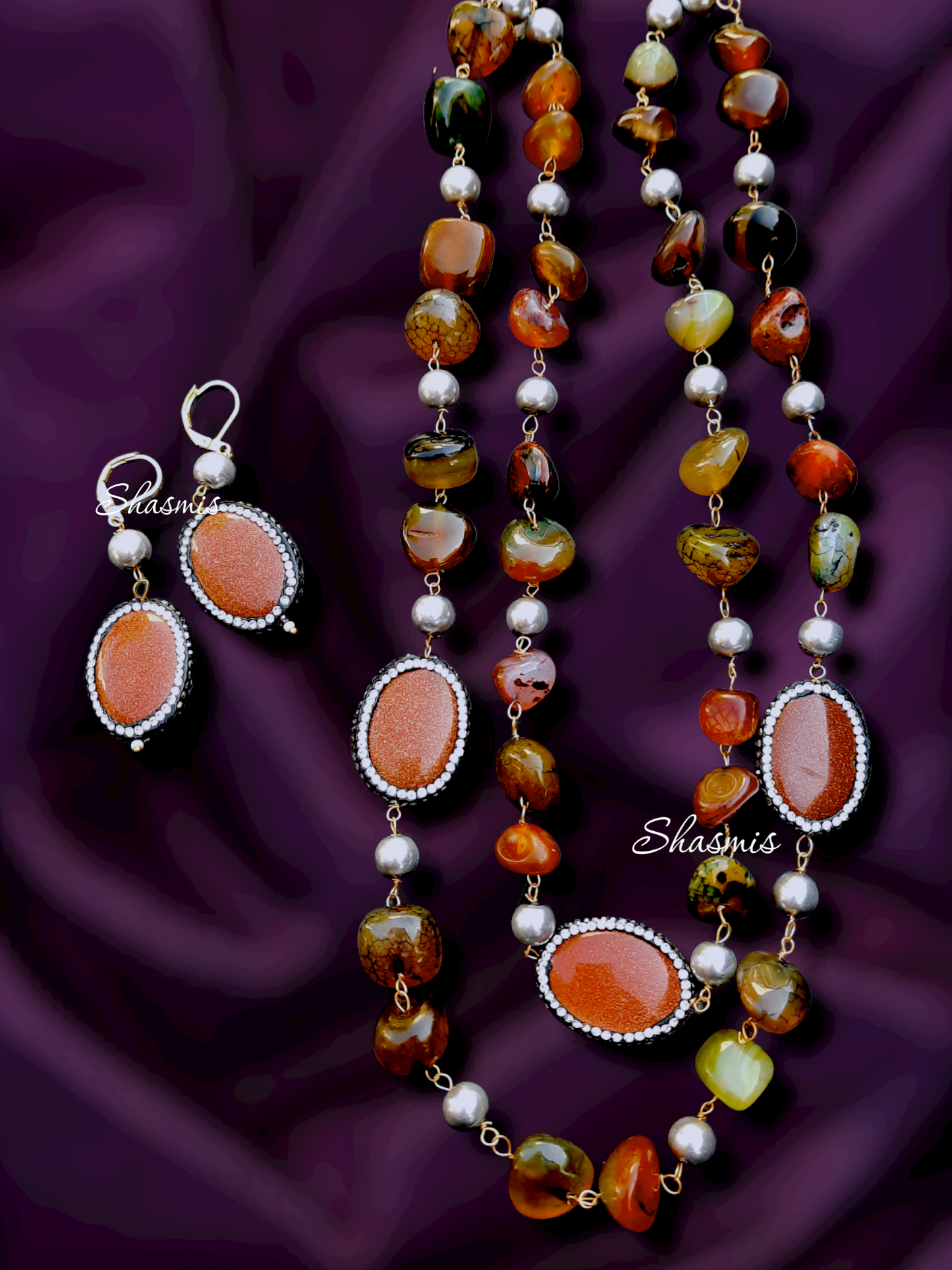 Brown Glitter Druzy Stones With Pearls Layer Necklace With Earrings