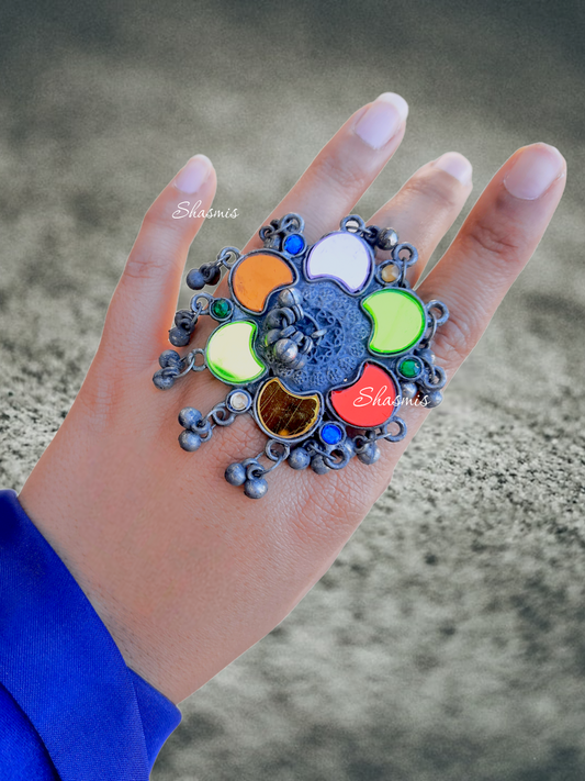 Multi color German Silver Ghungroo Ring