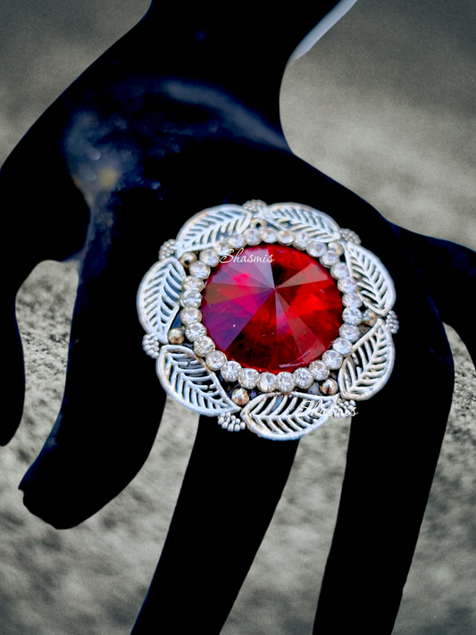 Red Color Stone Silver Ring