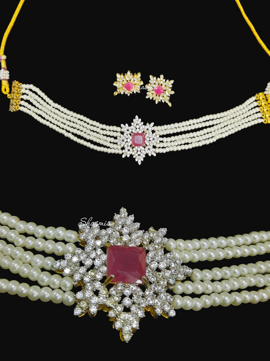 Ruby Color Centre Stone With White Pearl Choker