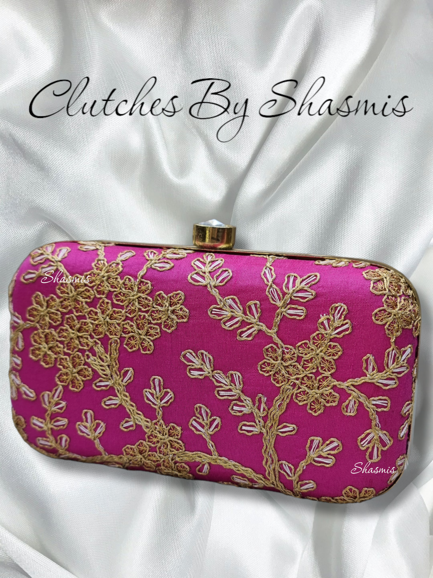 Pink Color Designer Clutcher With Golden Embroidery Work