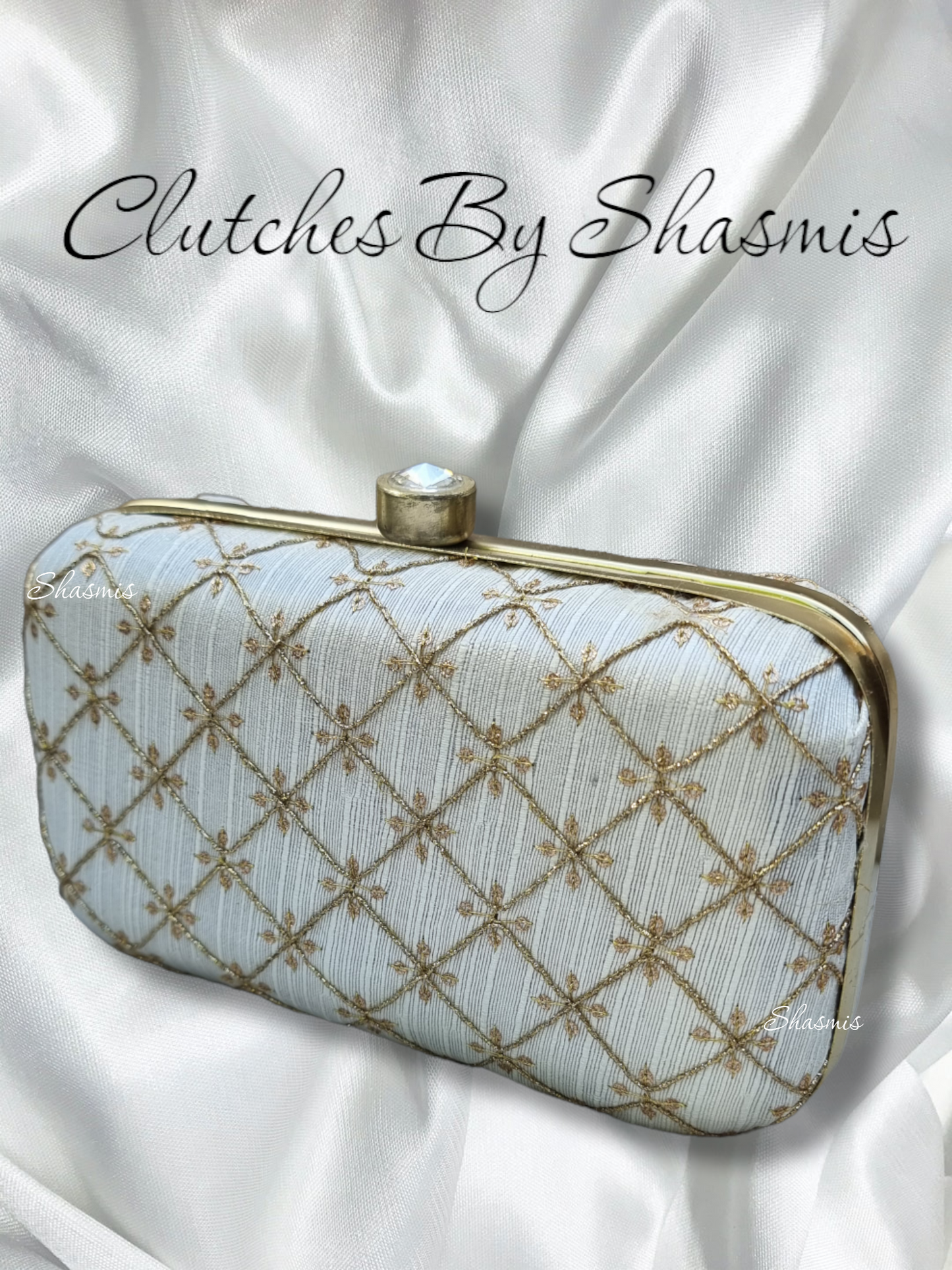 White Color And Golden Work Designer Clutcher