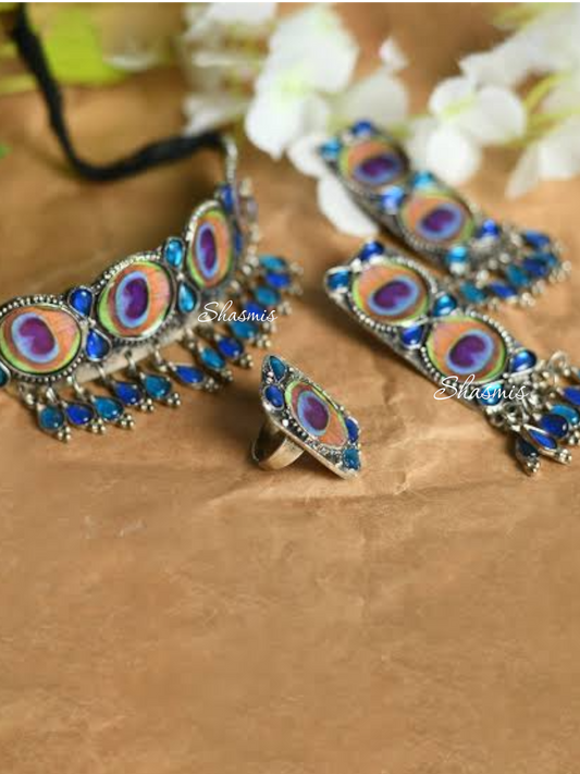 Beautiful Peacock Statement Choker With Earrings and Ring