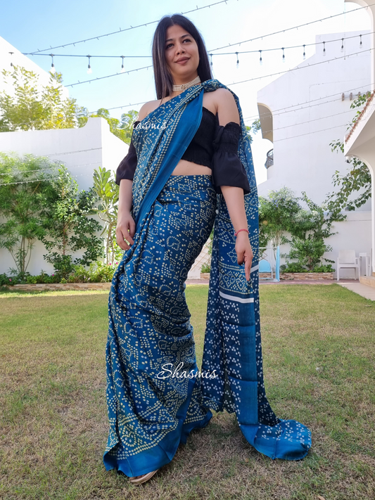 Rama Blue Color Bandhani Silk Saree 