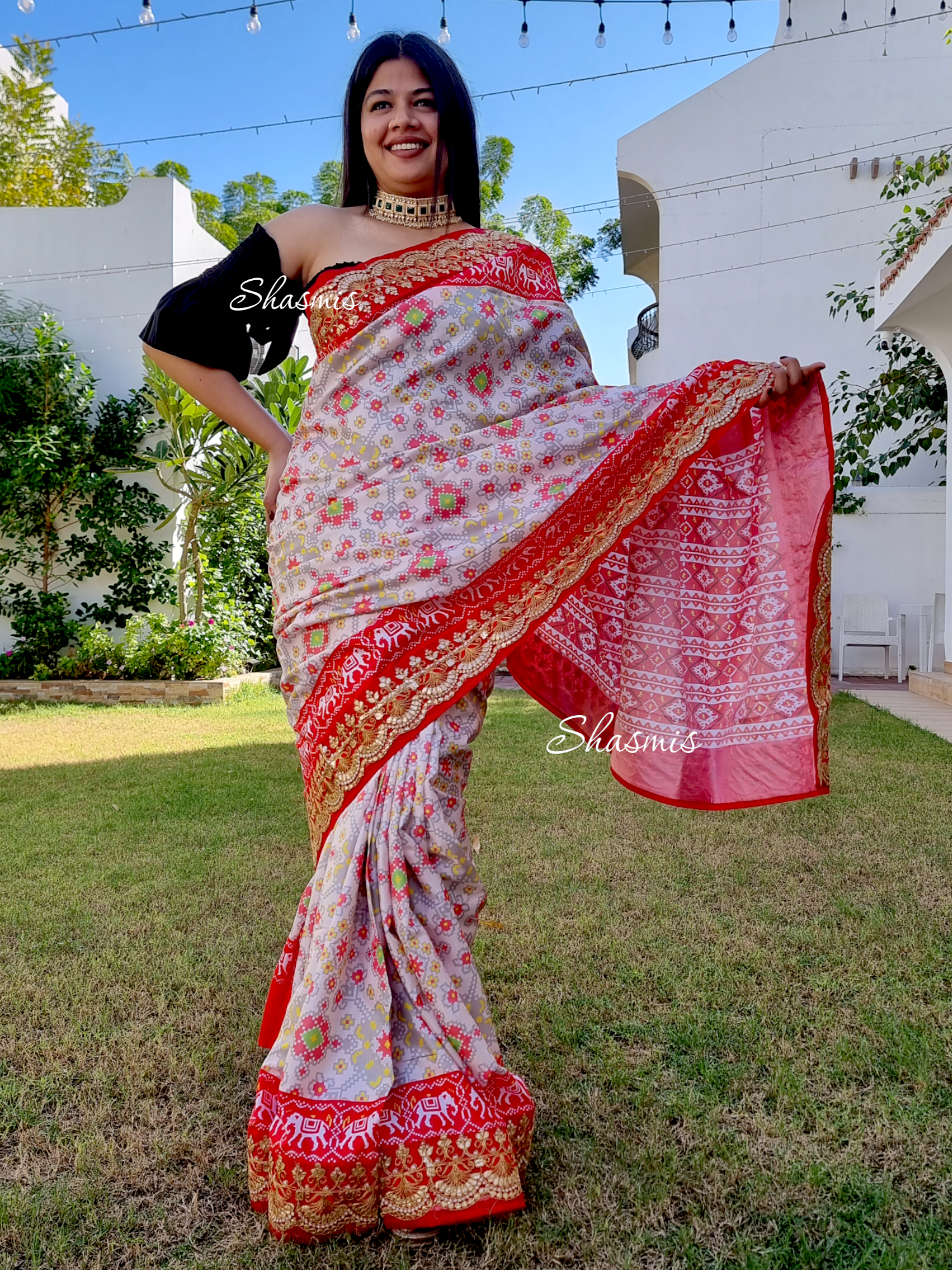 Patola Print Red Color Saree With Heavy Lace Border