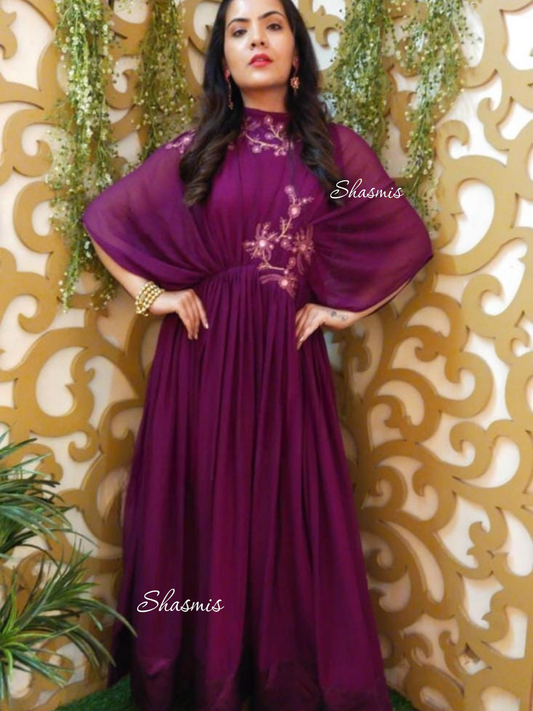 Long Purple Color Gown With Ruffle Hands