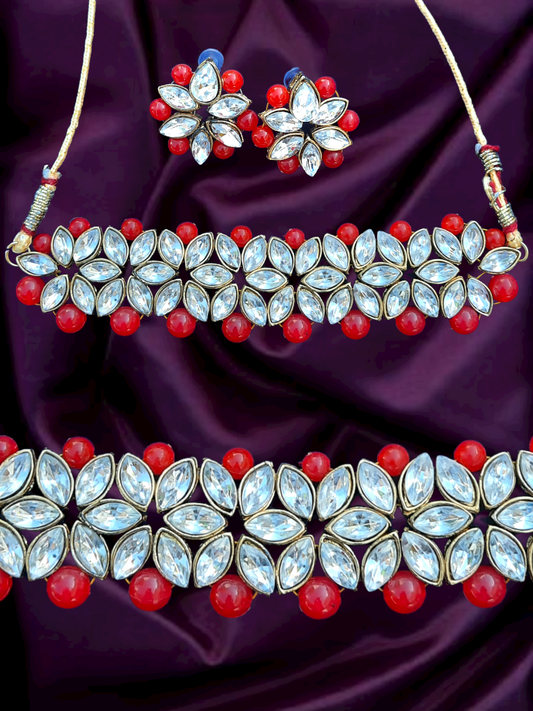 Red Color Glass Kundan Necklace With Earrings