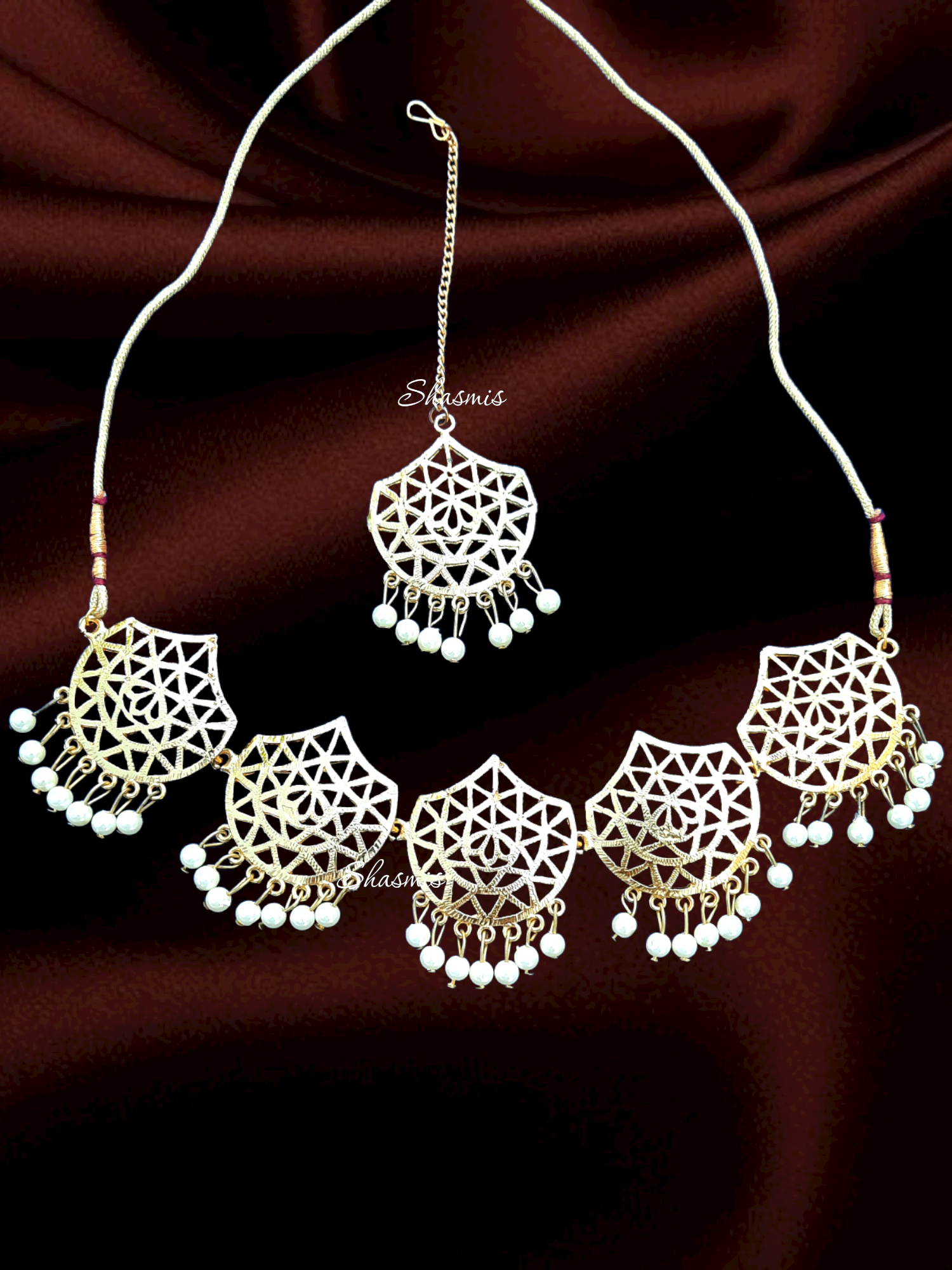 Golden Plated Design Necklace With Mangtika and Earrings