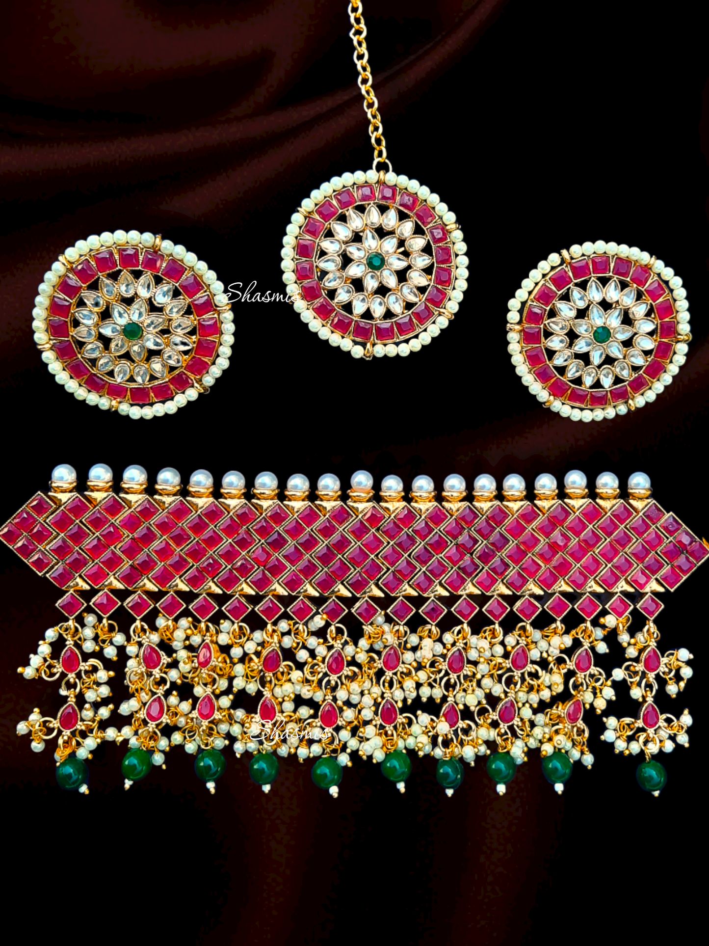 Pink Color Stone With Green Pearl On Drop Necklace With Earrings and Mangtika