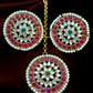 Pink Color Stone With Green Pearl On Drop Necklace With Earrings and Mangtika